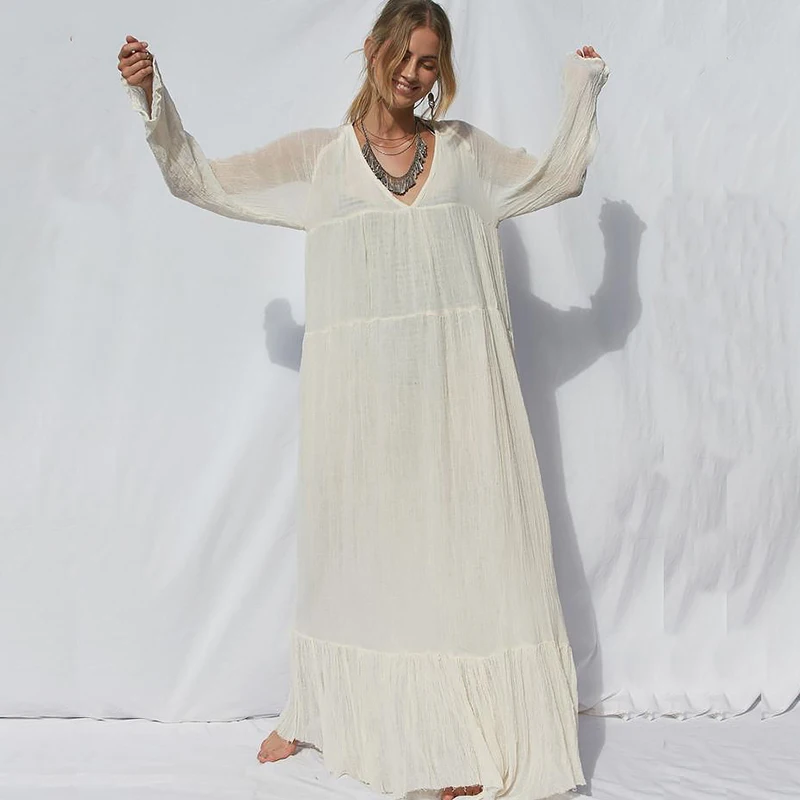 Women Dress 2019 Summer Solid Long Sleeve Bohemian Style V-neck Floor-length Pleated Cotton Crepe girls dresses M-XL
Women Dress 2019 Summer Solid Long Sleeve Bohemian Style V-neck Floor-length Pleated Cotton Crepe girls dresses M-XL