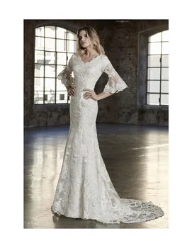 2019 Mermaid Lace Modest Wedding Dresses With Bell Sleeves Lace Appliques LDS V Neck Modest Wedding Gowns Sleeved Custom Made
2019 Mermaid Lace Modest Wedding Dresses With Bell Sleeves Lace Appliques LDS V Neck Modest Wedding Gowns Sleeved Custom Made