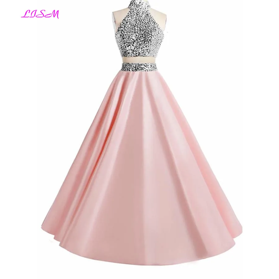 Pink Two Pieces Beaded Prom Dress High Neck Crystals Sequin Formal Gown Elegant Open Back Floor Length Satin Party Pageant Dress
Pink Two Pieces Beaded Prom Dress High Neck Crystals Sequin Formal Gown Elegant Open Back Floor Length Satin Party Pageant Dress