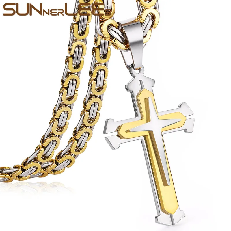 SUNNERLEES Stainless Steel Jesus Christ Cross Pendant Necklace Byzantine Link Chain Gold Color For Men SP201
SUNNERLEES Stainless Steel Jesus Christ Cross Pendant Necklace Byzantine Link Chain Gold Color For Men SP201
