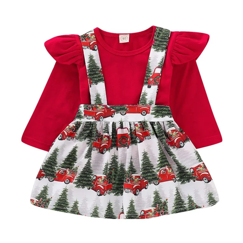 

Christmas Dress for Girls Lovely Toddler Kids Baby Girls Red T Shirt Tops+Christmas Car Print Suspender Braces Skirt Overalls