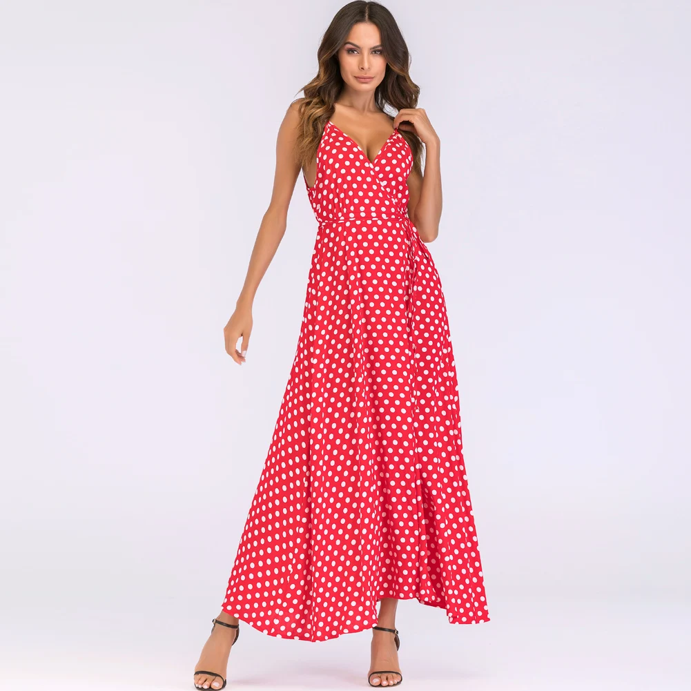 Summer Women Maxi Dress Dot Print High Split Spaghetti Strap vestidos Female New Sexy Deep V Neck Sundress Beach Long Dress Red
Summer Women Maxi Dress Dot Print High Split Spaghetti Strap vestidos Female New Sexy Deep V Neck Sundress Beach Long Dress Red