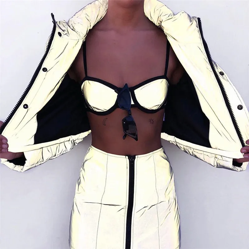 2 piece set women suit crop top skirt set reflective club outfit female glitter glow in the dark two piece set street wear K1939
2 piece set women suit crop top skirt set reflective club outfit female glitter glow in the dark two piece set street wear K1939