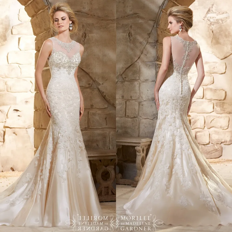 Heavy Beaded Custom Made Elegant Lace Wedding Dress See Through Mermaid Bride Dresses Robe De Marriage Gown 2015 
Heavy Beaded Custom Made Elegant Lace Wedding Dress See Through Mermaid Bride Dresses Robe De Marriage Gown 2015