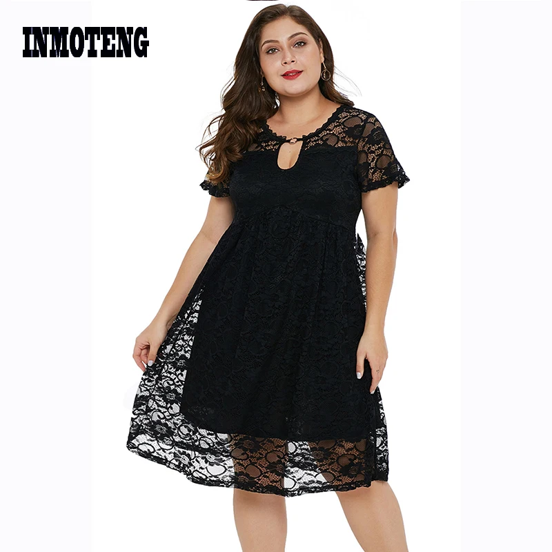 INMOTENG Black/Purple Plus Size XL-5XL Lace Trapeze Babydoll Lace knee Dress Women O Neck Short Sleeve A Line Office Dresses
INMOTENG Black/Purple Plus Size XL-5XL Lace Trapeze Babydoll Lace knee Dress Women O Neck Short Sleeve A Line Office Dresses