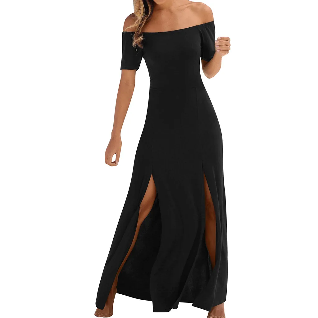 

CHAMSGEND Summer Women's short-sleeved one-shoulder split dress seaside holiday beach skirt casual slim mopping skirt