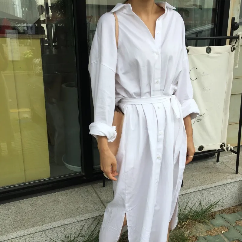 Women Fashion Solid Lapel Loose Shirt Dress Vintage Long Sleeve Sashes Split Empire Single-breasted Casual A-Line Dresses | Женская