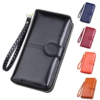 Fashion Women Solid Color Waxy Leather Long Zipper Wallet Phone Holder Purse