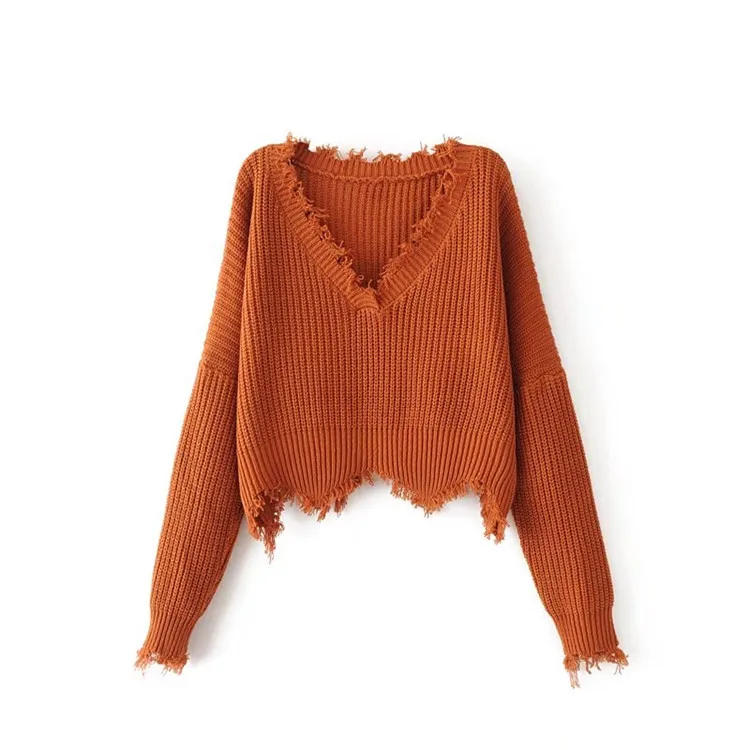 Autumn New Sweater Solid Color Personality Torn V-neck Long Sleeve Loose Pullover Knit Sweater Irregular Short Sweater
Autumn New Sweater Solid Color Personality Torn V-neck Long Sleeve Loose Pullover Knit Sweater Irregular Short Sweater