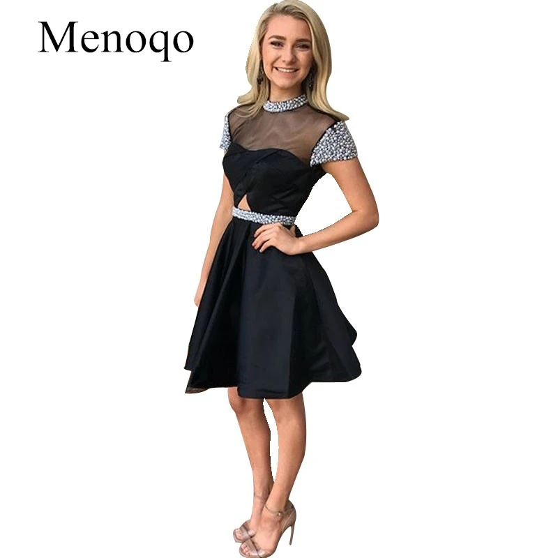 Short Black Cocktail Dresses Beaded High Neck Cap Sleeves Junior Prom Dress Open Back Young Girls Summer Party Gown
Short Black Cocktail Dresses Beaded High Neck Cap Sleeves Junior Prom Dress Open Back Young Girls Summer Party Gown