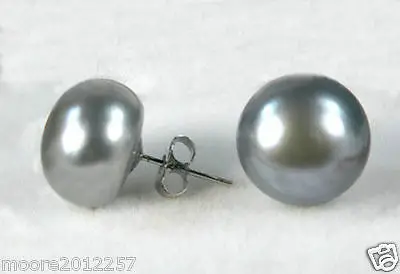 Free Shipping >> Genuine 7-8 mm grey Cultured Pearl Silver Stud Earrings