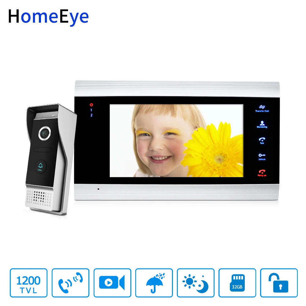 

HomeEye 7'' Video Doorbell Video Intercom 1200TVL IP65 Waterproof Motion Detection OSD Menu Touch Button Security Access System