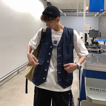 Fashion Men's Cowboy Vest Japanese Retro Style Denim Blue Striped Vest Casual Wild Couple Denim Vest High Quality
Fashion Men's Cowboy Vest Japanese Retro Style Denim Blue Striped Vest Casual Wild Couple Denim Vest High Quality