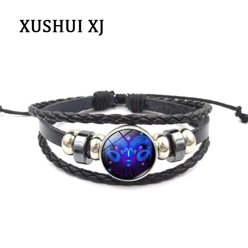 XUSHUI XJ винтажные кожаные браслеты Подвески 12 созвездий стекло кабошон Панк