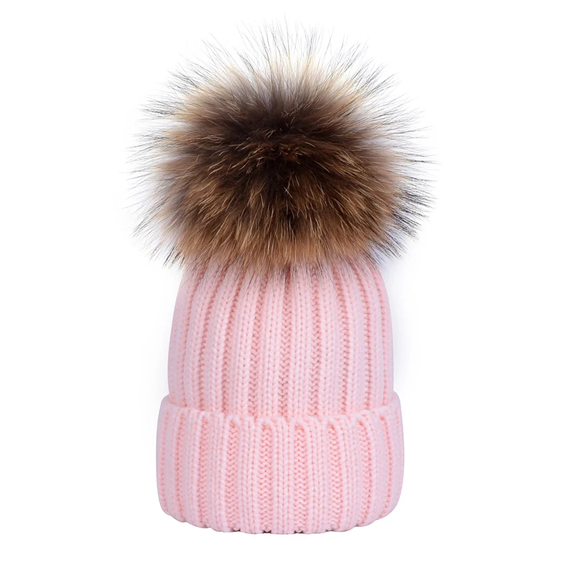 

Thick Warm Adult Natural Raccoon Fur Ball Winter Hat Women Knitted Pom Pom Cap Beanies Caps Bonnet Homme