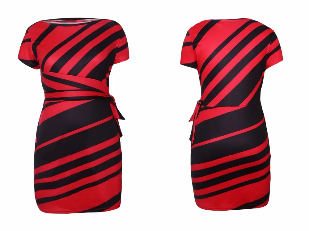 red Short Sleeve Stripe Pencil Midi Dress