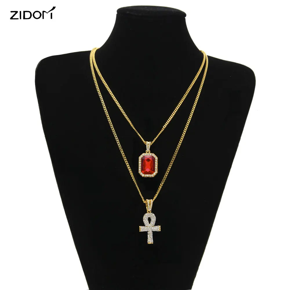 

2pcs/set gold color Men hiphop bling iced out Ankh cross with mini gem pendant necklaces 60cm long cuban chain hip hop necklace