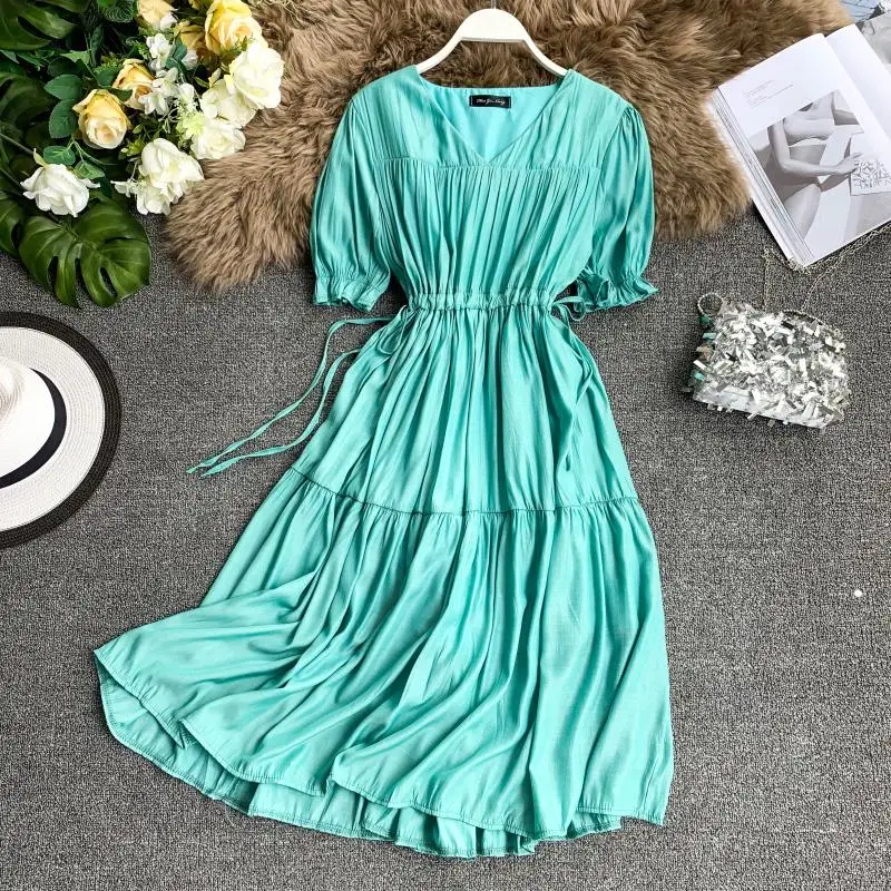 HISUMA 2019 summer new female V-neck Bubble Sleeve Waist Drawstring A-line Dress women's elegant chiffon dresses
HISUMA 2019 summer new female V-neck Bubble Sleeve Waist Drawstring A-line Dress women's elegant chiffon dresses
