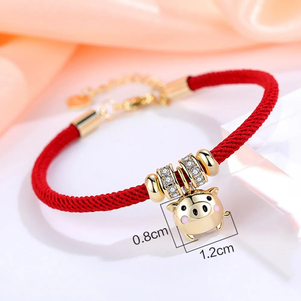 

New 3D Gold Pig Pendant Bracelet Year of Fate Red String Bracelet Chinese Zodiac Lucky Jewelry Gift For Women Men