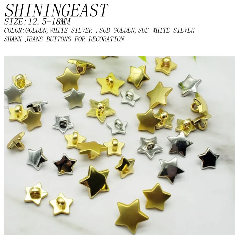 50pcs/lot 12.5-18mm golden silver plastic plating five-pointed star shank jeans buttons sewing craft diy accessories 1936
50pcs/lot 12.5-18mm golden silver plastic plating five-pointed star shank jeans buttons sewing craft diy accessories 1936