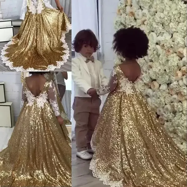 

2018 Gold Sequins Flower Girls Dresses For Weddings White Appliques Illusion Long Sleeves Bling Asymmetric Girls Pageant Dresses