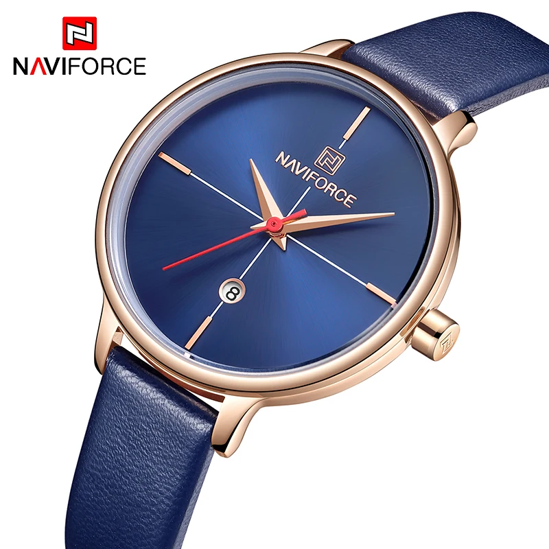 NAVIFORCE/женские модные синие кварцевые часы кожаный ремешок для часов высокое