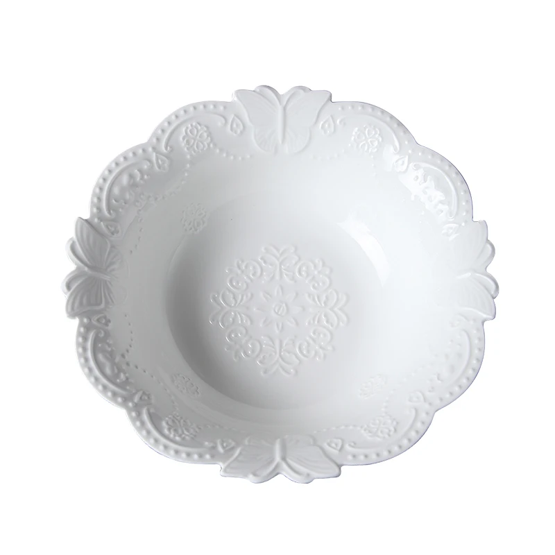 Hot Sale European relief lace tableware Dish white ceramic large Soup Bowl Western pasta Bowls round salad bowls fruit plates
Hot Sale European relief lace tableware Dish white ceramic large Soup Bowl Western pasta Bowls round salad bowls fruit plates