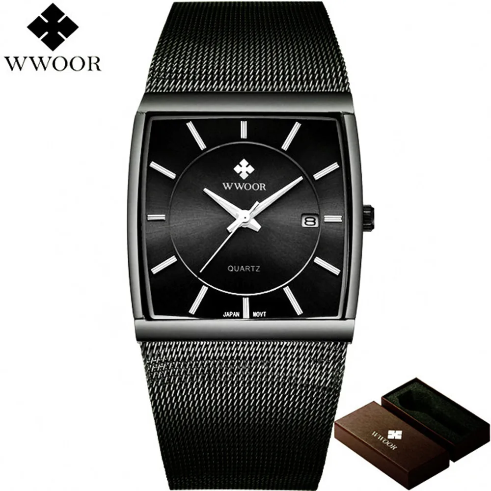 

WWOOR 50m Waterproof Watch Men Square Date Stainless Steel Analog Wrist Quartz Watch for Men Sports Wristwatch relogio masculino