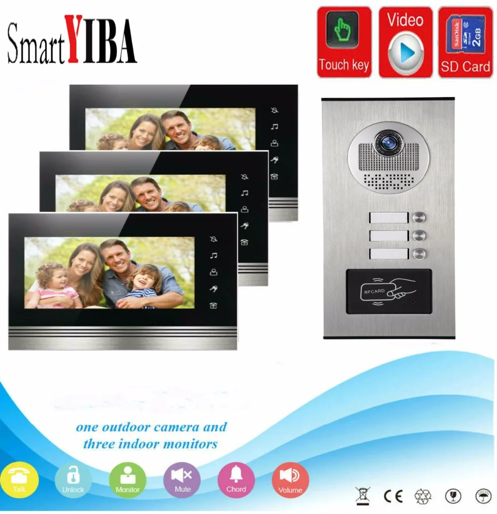SmartYIBA 7"Inch Monitor Video Intercom Door Phone KIT RFID Access Doorbell Camera With SD Card Recording For 3 Apartment |
