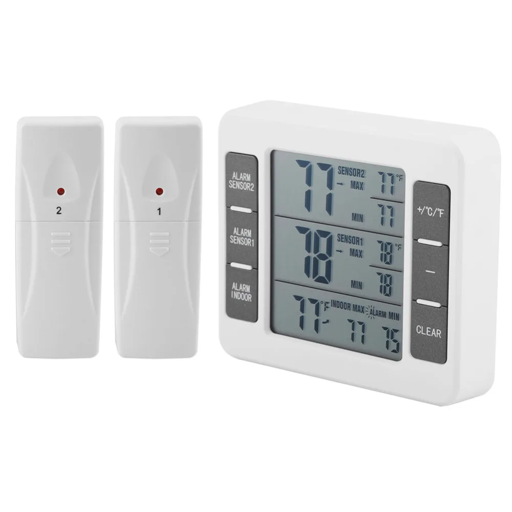 Wireless Digital Audible Alarm Refrigerator Thermometer with 2PCS Sensor Min/Max Display
Wireless Digital Audible Alarm Refrigerator Thermometer with 2PCS Sensor Min/Max Display