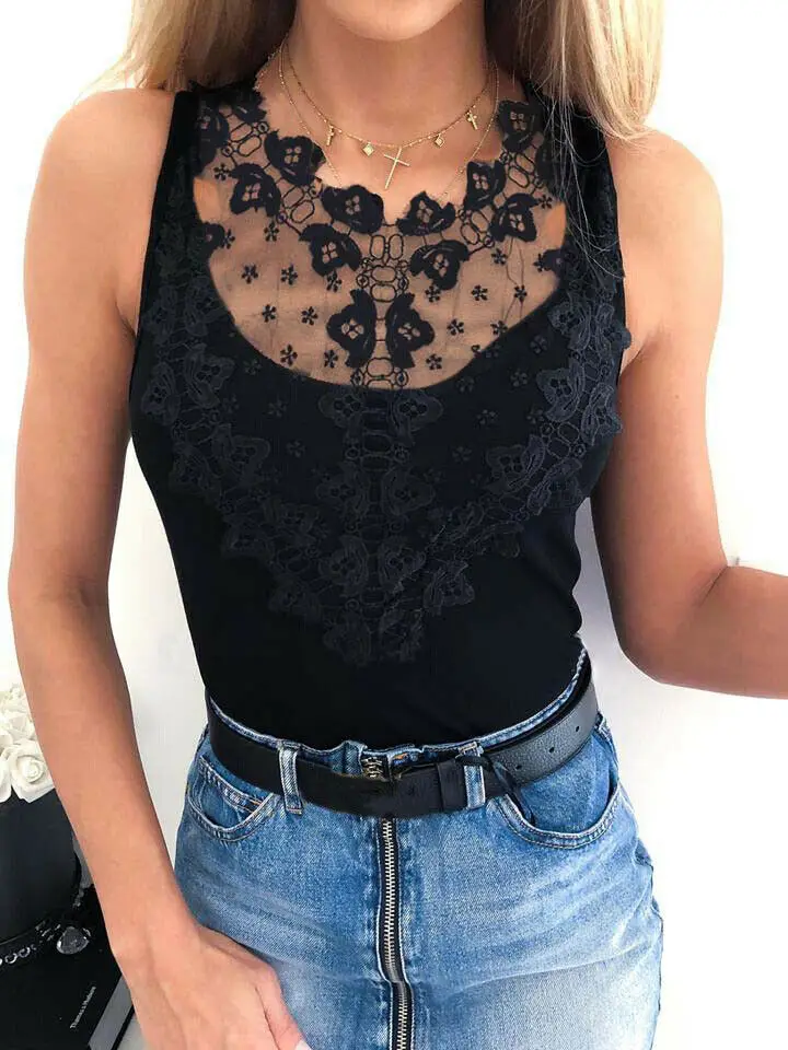 Lace Sleeveless Tunic T-Shirt Summer Sexy Black Sleeveless Slim Solid O-Neck T-shirt Ladies Top Tee Causal T-shirt
Lace Sleeveless Tunic T-Shirt Summer Sexy Black Sleeveless Slim Solid O-Neck T-shirt Ladies Top Tee Causal T-shirt