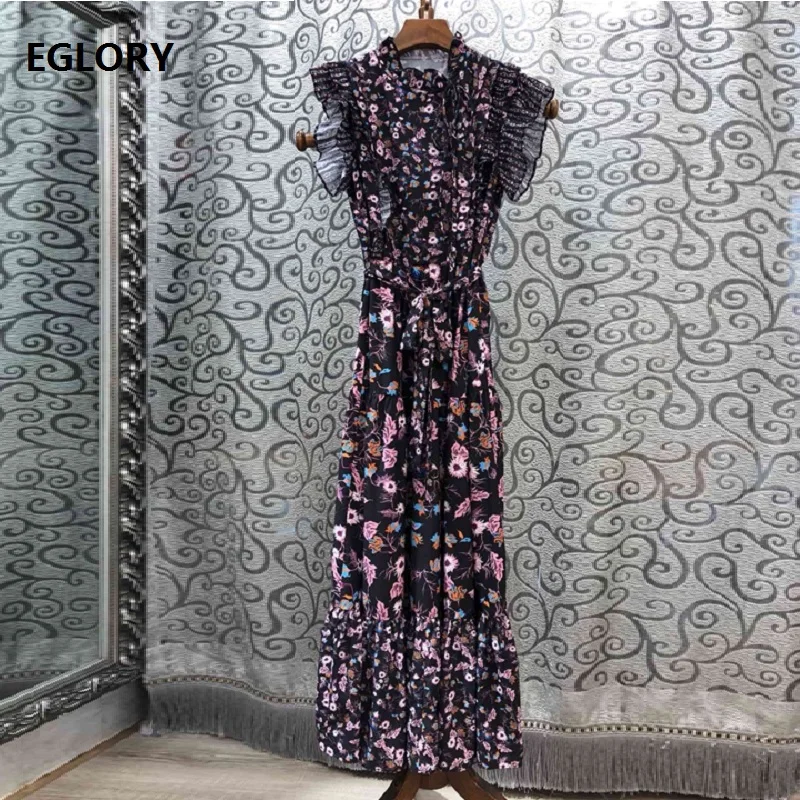 

2019 Summer Fashion Chic Dress High Quaity Women Butterfly Sleeve Mid-Calf Length Elegant Flower Print Dress Party Robe Femmes
