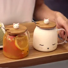 Transparent Glass Cute Cat 500ml Coffee Milk Tea Cup with Cover Spoon Microwave Oven Milk Mug