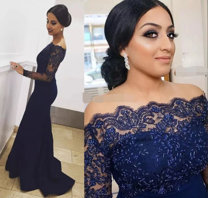 Long Sleeve Formal Evening Dress 2019 Off the Shoulder Appliques Beaded Mermaid Long Navy Blue Prom Gown Vestido robe de soiree
Long Sleeve Formal Evening Dress 2019 Off the Shoulder Appliques Beaded Mermaid Long Navy Blue Prom Gown Vestido robe de soiree