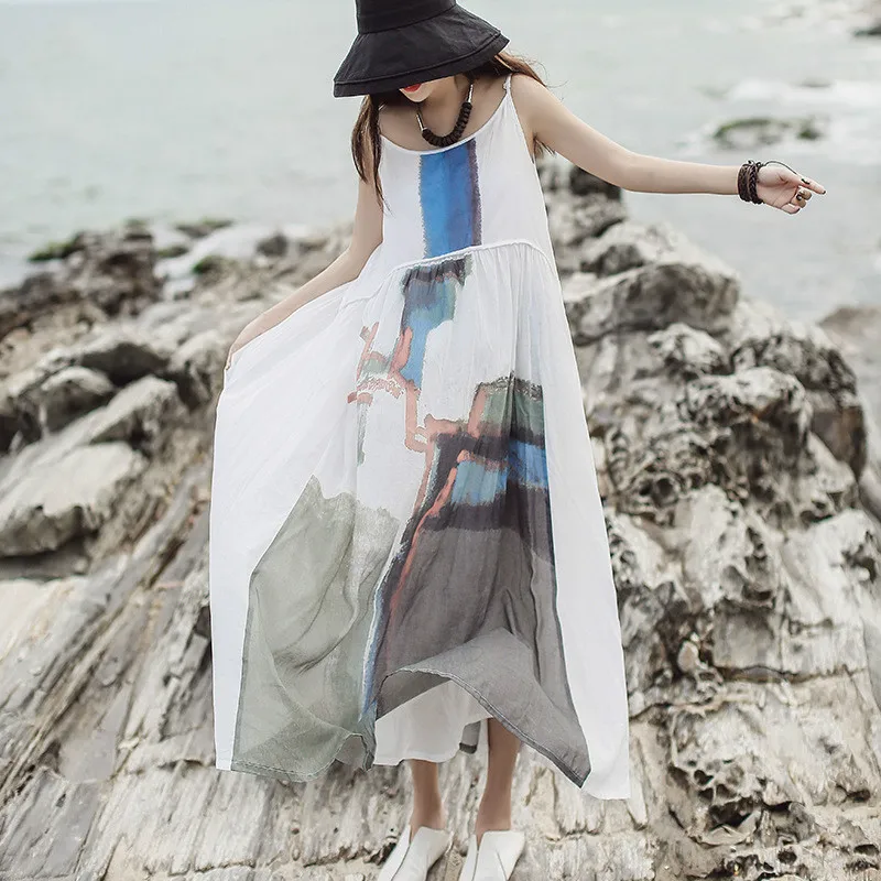 Johnature Vintage 2019 New Loose Maxi Dress Print Sleeveless Summer Ankle-length Spaghetti Strap O-neck Cotton Women Dress
Johnature Vintage 2019 New Loose Maxi Dress Print Sleeveless Summer Ankle-length Spaghetti Strap O-neck Cotton Women Dress