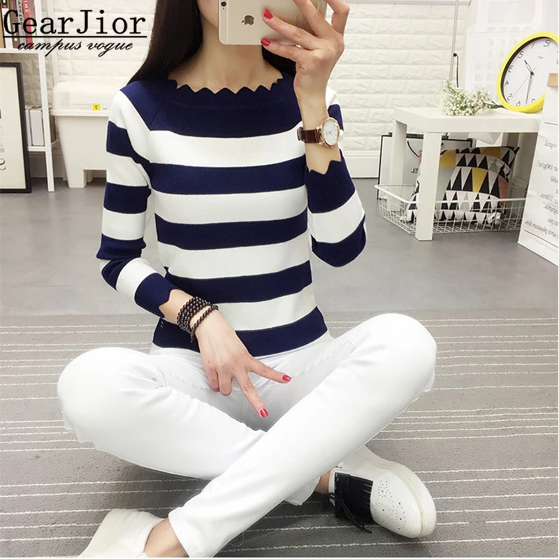 2017 new hot sale women's spring autumn knit pullover sweaters woman Wave collar striped sweater 3 colors | Женская одежда