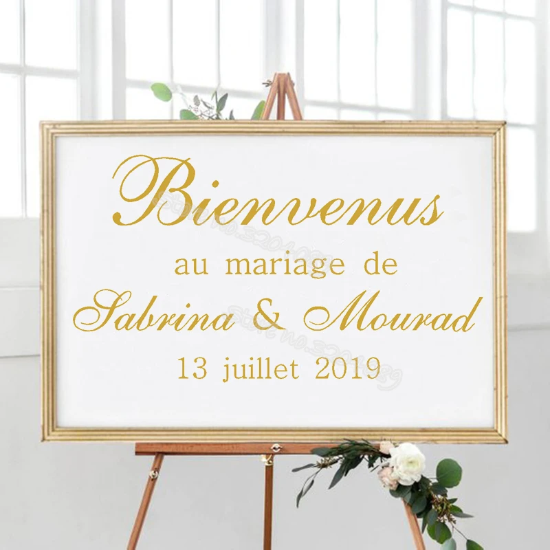 Bienvenue Au Mariage de decal Wedding Welcome board sticker Reception Sign Custom Names Art decor mural Gold color dz018
Bienvenue Au Mariage de decal Wedding Welcome board sticker Reception Sign Custom Names Art decor mural Gold color dz018