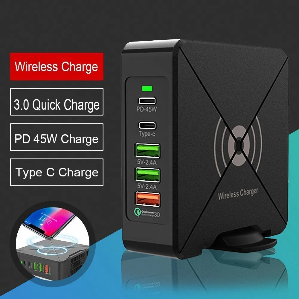 Multiple USB Charger 5-port Wireless Charging Station PD Quick Charge for iPhone QC 3.0 Quick Charger for Android Phones
Multiple USB Charger 5-port Wireless Charging Station PD Quick Charge for iPhone QC 3.0 Quick Charger for Android Phones