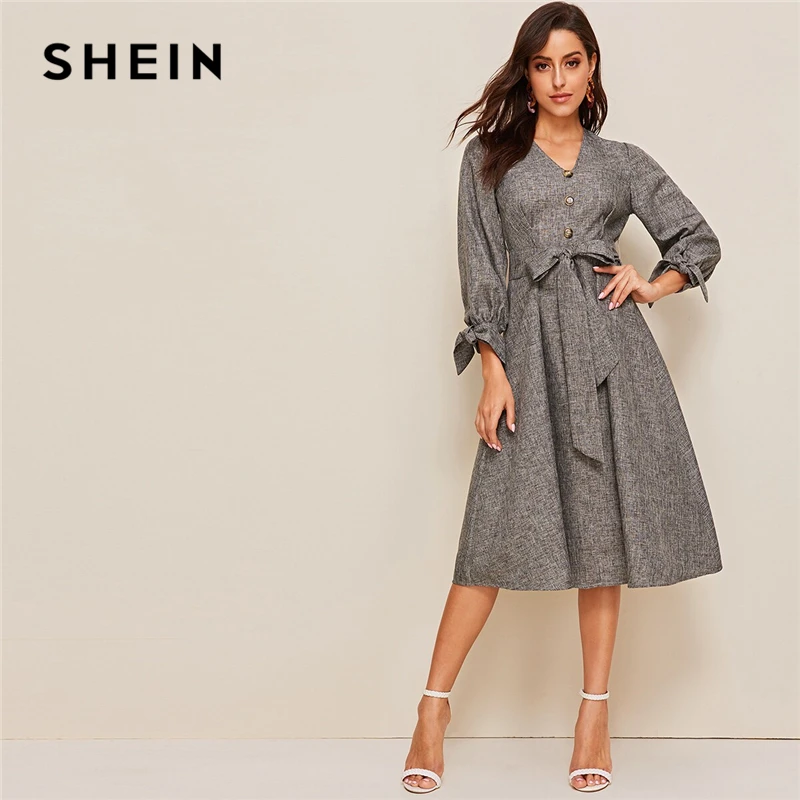 

SHEIN Button Front Knot Cuff Self Belted Dress V neck Summer Dress 2019 Spring Autumn Elegant Bow High Waist A Line Dresses