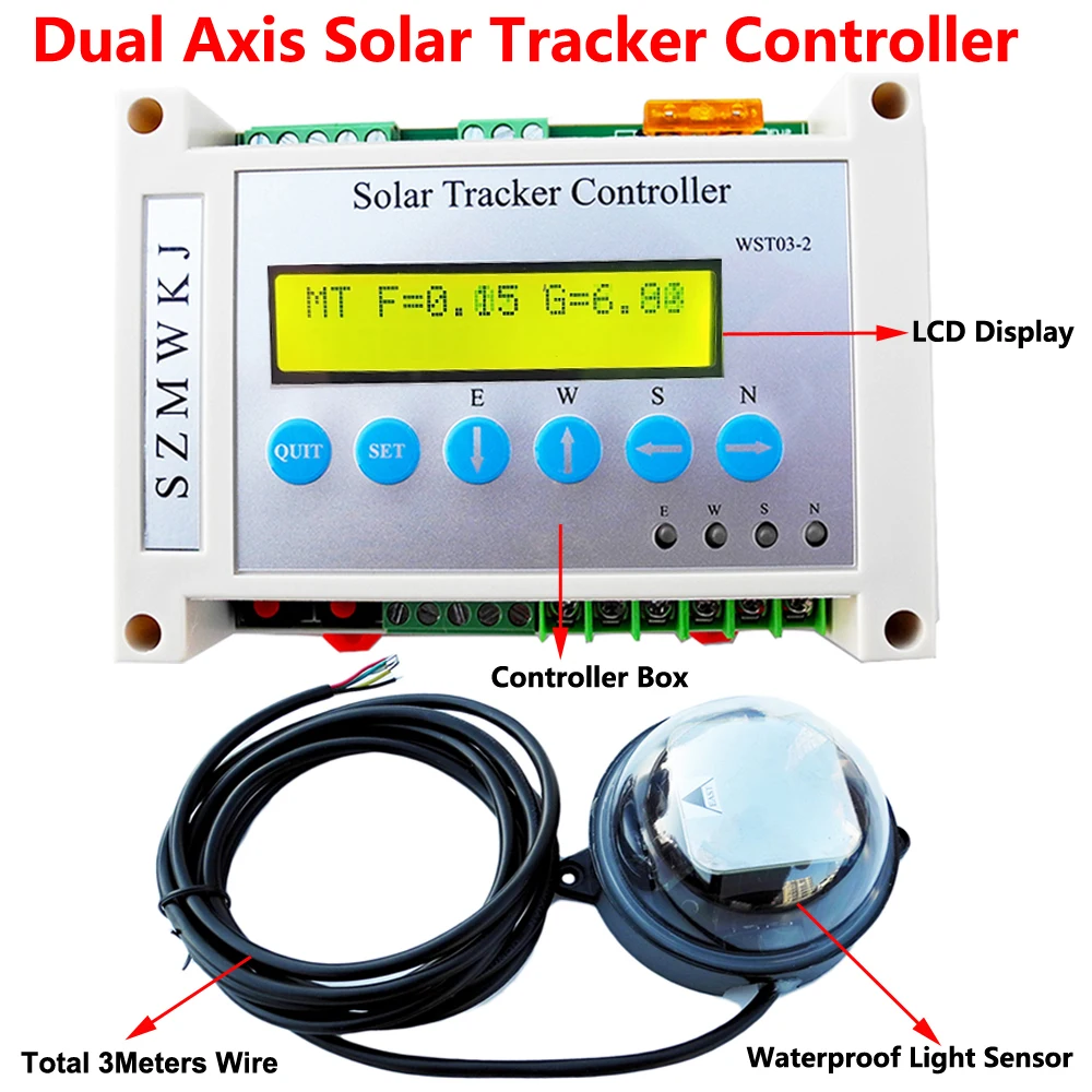DC 12/24V Dual Axis Solar Tracking Tracker Electronic Controller for PV Solar Panel System Sun Track &Light Sensor &LCD Display
DC 12/24V Dual Axis Solar Tracking Tracker Electronic Controller for PV Solar Panel System Sun Track &Light Sensor &LCD Display