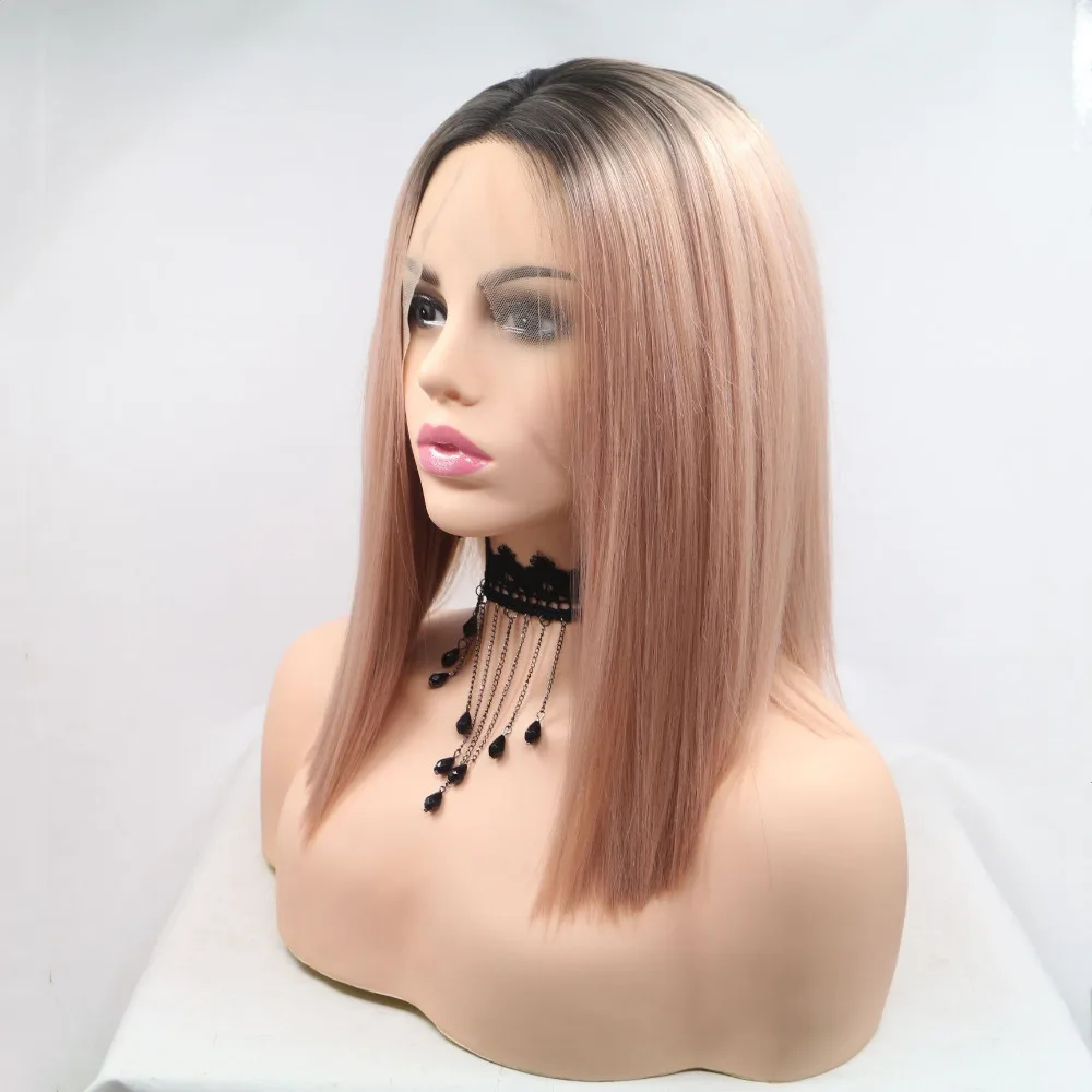 Marquesha химическое Синтетические волосы на кружеве боб парик Ombre пыльной Розы