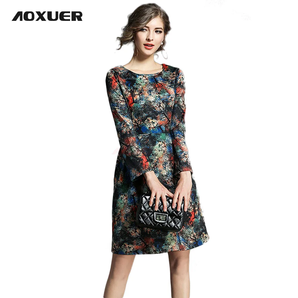 Aoxuer элегантный Винтаж Платье с принтом Для женщин одежда длинным рукавом Уличная