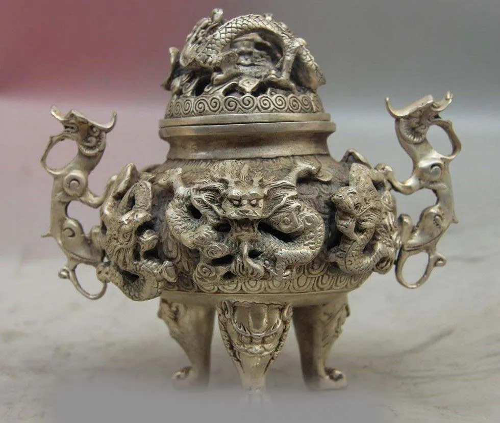 Chinese Buddhism White Copper Silver Two Dragon Play Bead Incense Burner Censer SD 506
Chinese Buddhism White Copper Silver Two Dragon Play Bead Incense Burner Censer SD 506