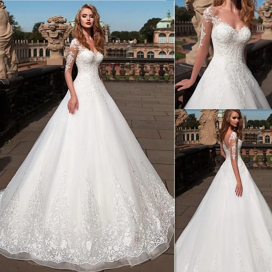 Fashionable Half Tulle Applique Sleeves Sweetheart Neckline A-line Sweep Train Wedding Dress with Illusion Back
Fashionable Half Tulle Applique Sleeves Sweetheart Neckline A-line Sweep Train Wedding Dress with Illusion Back