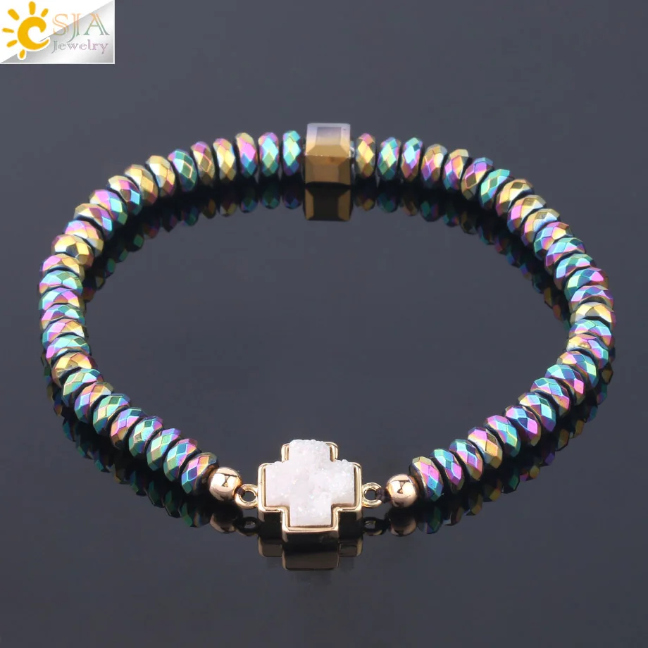 CSJA Colorful Plated Hematite Bracelet 6mm Faceted Beads Cross Heart Shaped Druzy Quartz Charm Bracelets for Men Women Gift F605
CSJA Colorful Plated Hematite Bracelet 6mm Faceted Beads Cross Heart Shaped Druzy Quartz Charm Bracelets for Men Women Gift F605