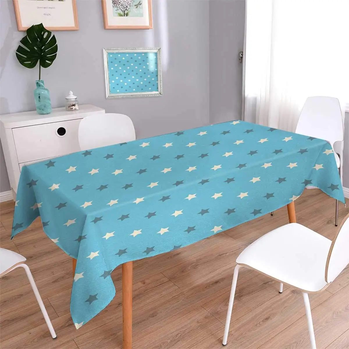 Фото Geometric Tablecloth Stars Pattern with Blue Background Retro Zigzag Design Vintage Motifs Oblong Wrinkle Resistant Table Cover | Дом и сад
