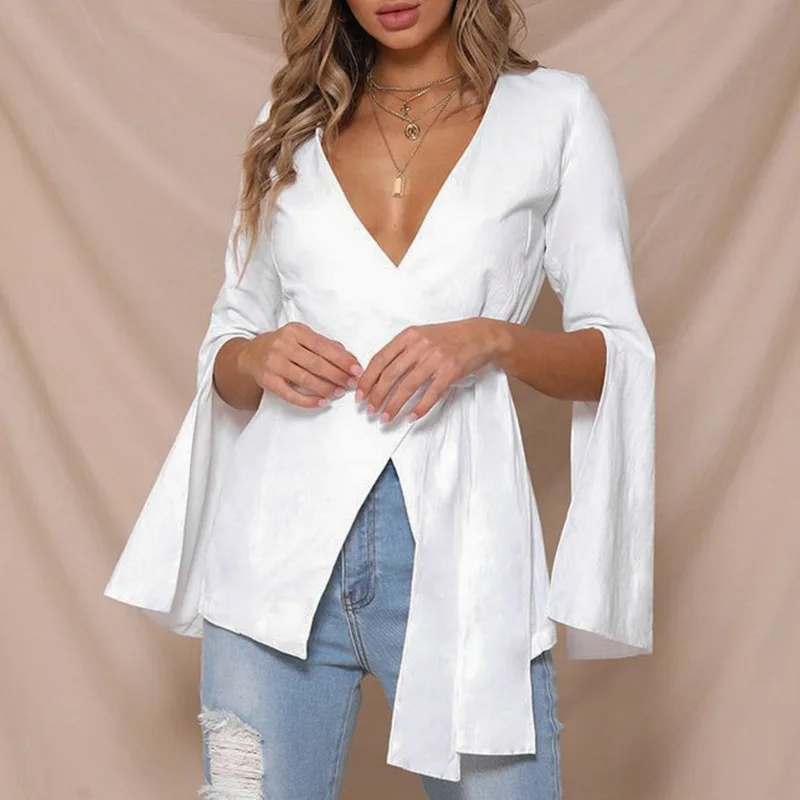 Women Sexy V Neck Solid Blouse Trumpet Sleeve Shirt Cotton Office Ladies Blouse Split Bow Wrap Shirt
Women Sexy V Neck Solid Blouse Trumpet Sleeve Shirt Cotton Office Ladies Blouse Split Bow Wrap Shirt