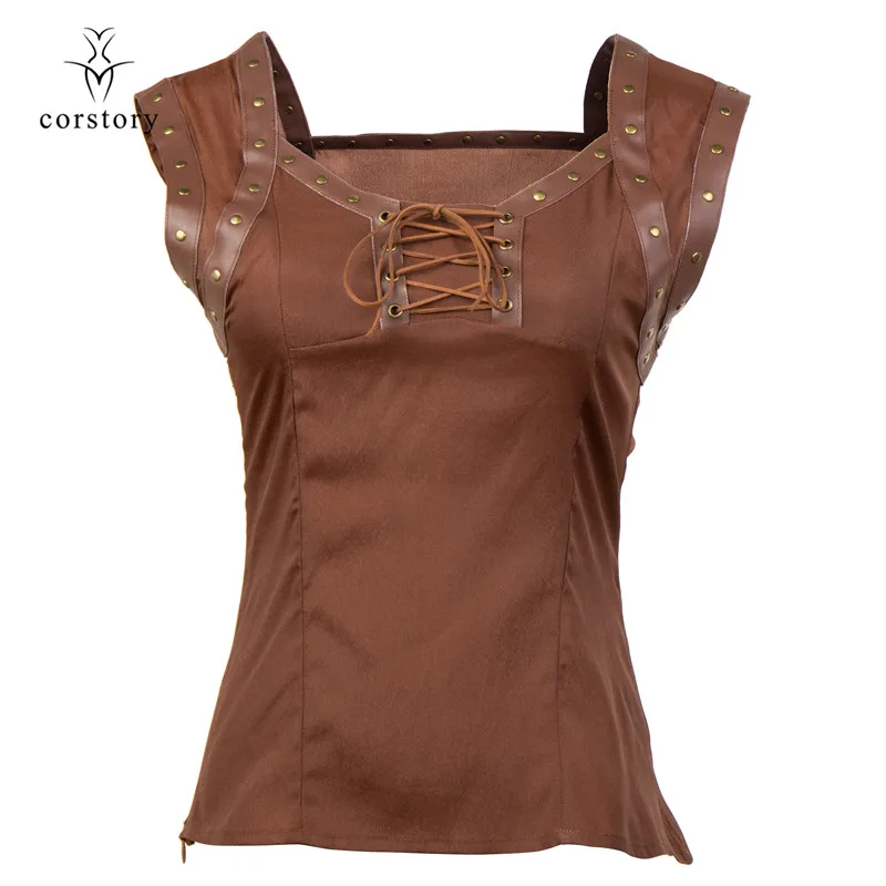 Corstory Steampunk Brown Short Sleeve Top With Button Rivets & Faux Leather Sexy Silk Crepe Side Zipper Blouse Shoelace Lace Up
Corstory Steampunk Brown Short Sleeve Top With Button Rivets & Faux Leather Sexy Silk Crepe Side Zipper Blouse Shoelace Lace Up