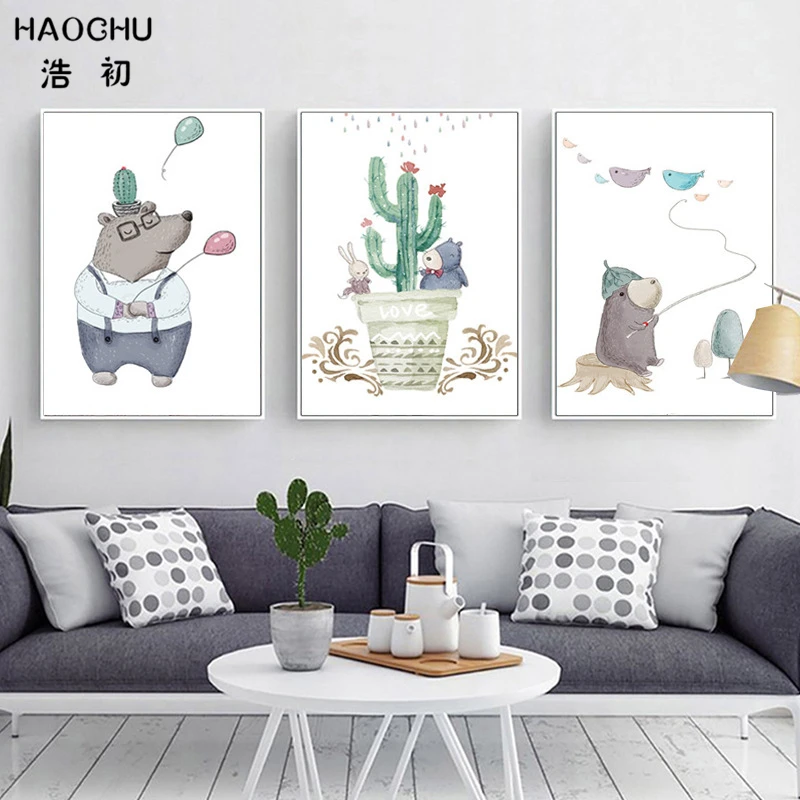 Акварельная живопись на холсте HAOCHU милое изображение животных мультфильмы