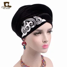 

New fashion women gorgeous Embellished sequined Velvet Turban Long Head Wraps women luxury Hijab head scarf turbante